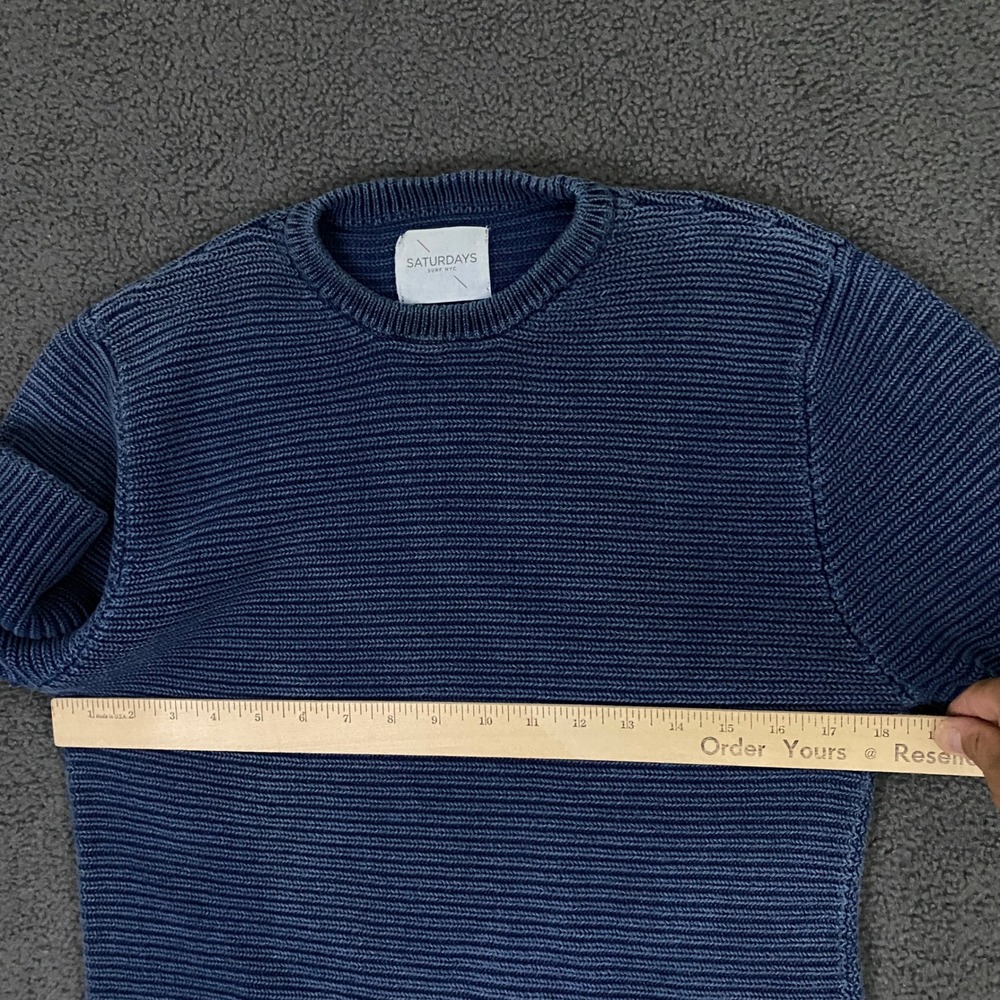 Saturdays Surf NYC Sweater Mens Medium Indigo blue Chunky Knit Fisherman Crew - Picture 8 of 11